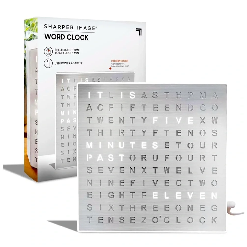 Sharper Image NIB Compact Silver Modern Design Word Clock USB Power Adapter